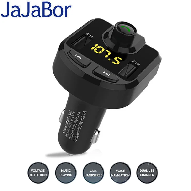 

JaJaBor FM Transmitter FM Modulator Bluetooth Car Kit Hands Free Calling Bluetooth Stereo A2DP Music Play Dual USB Car Charger