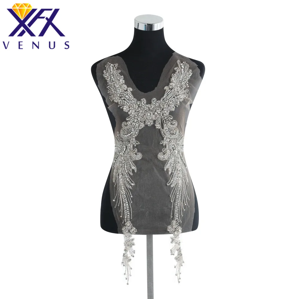 

XINFANGXIU Pure Handmade Dress Applique Rhinestones Embroidery Patch Beaded Applique Beads Fabric Patch DIY Handcraft Apparel