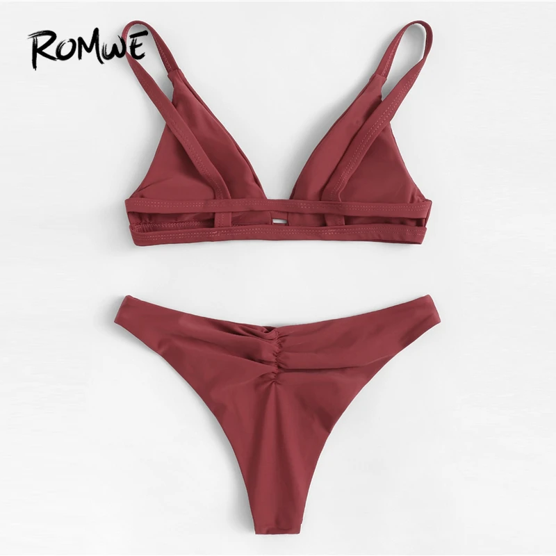 Romwe الرياضة قطع V الرقبة مثلث مجموعة البكيني مع Ruched بيكيني قيعان الصيف الشاطئ الصلبة لباس سباحة للنساء ملابس السباحة Romwe الرياضة قطع V الرقبة مثلث مجموعة البكيني مع Ruched بيكيني قيعان الصيف الشاطئ الصلبة لباس سباحة للنساء ملابس السباحة