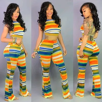 

Women Striped Print Colorful Suits Sexy Club Summer Sleeveless Backless Two Piece Sets Crop Top And Wide Leg Pants Outfits