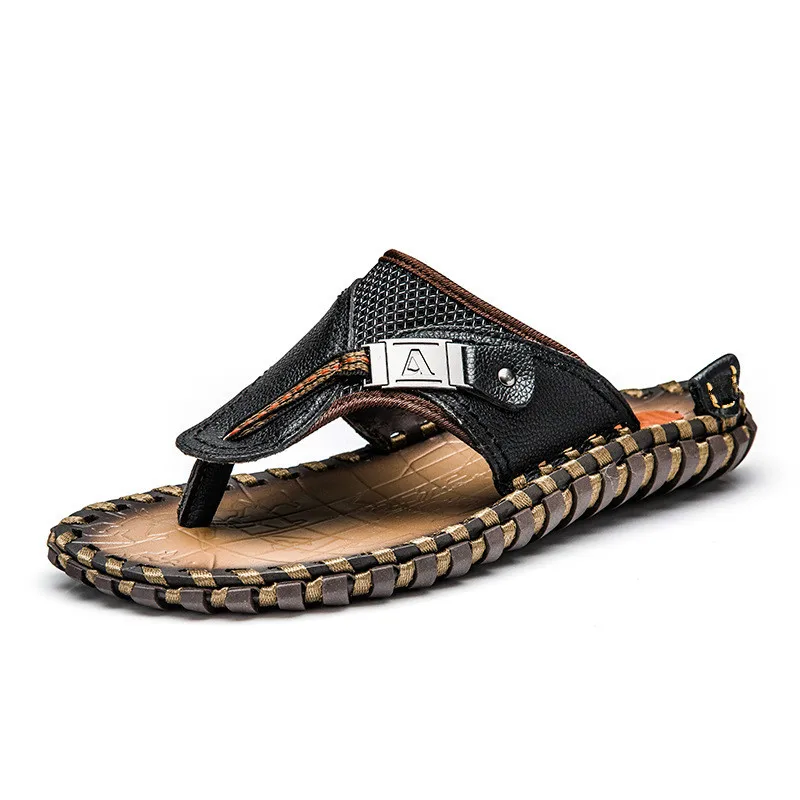 

Genuine Leather Men Slippers Beach Shoes Men Flip Flops 2018 Summer Flat Heels Male Slides
