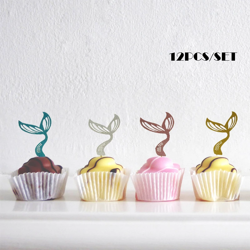 

12 Pcs/lot Mermaid Cake Topper Cupcake Decoration Fish Tail Picks Dessert Table For Happy Birthday Wedding Party Supplies