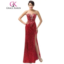Luxury Grace Karin Long Formal Evening Dresses Crystal Sequin Pongee Split Red Elegant Evening Gowns Sexy Party Dress CL6102