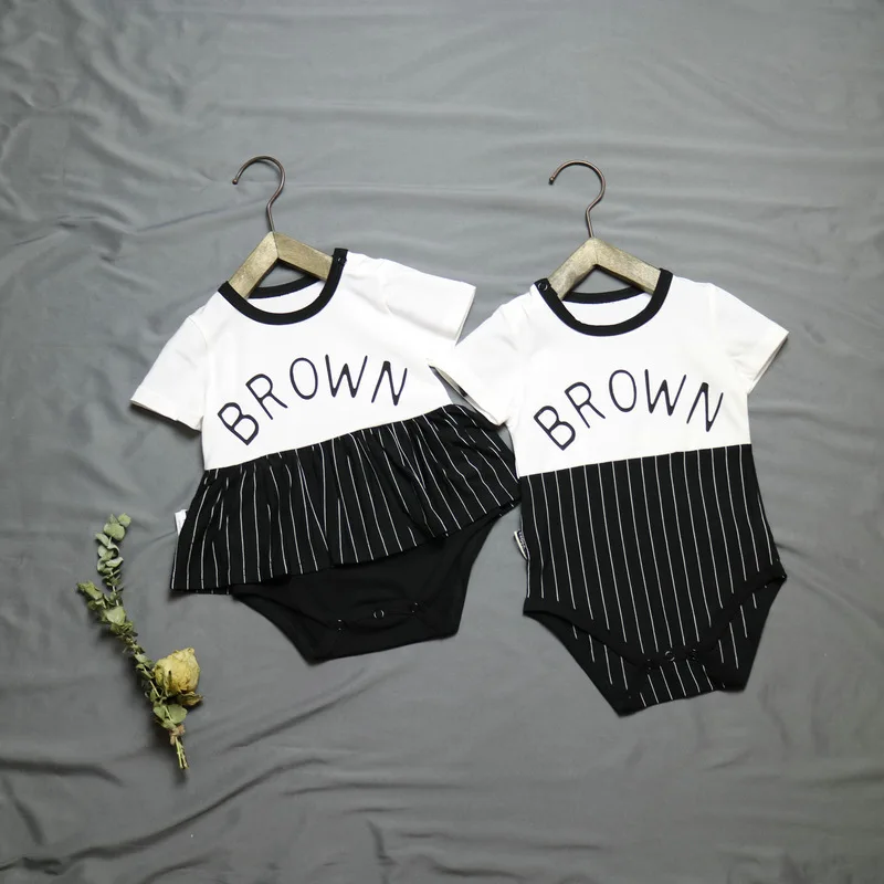 

Summer Baby Boys Girls Short Sleeves One-Pieces Bodysuits Cotton Stripe Toddler Clothes for Brother Sister Matching Outfits