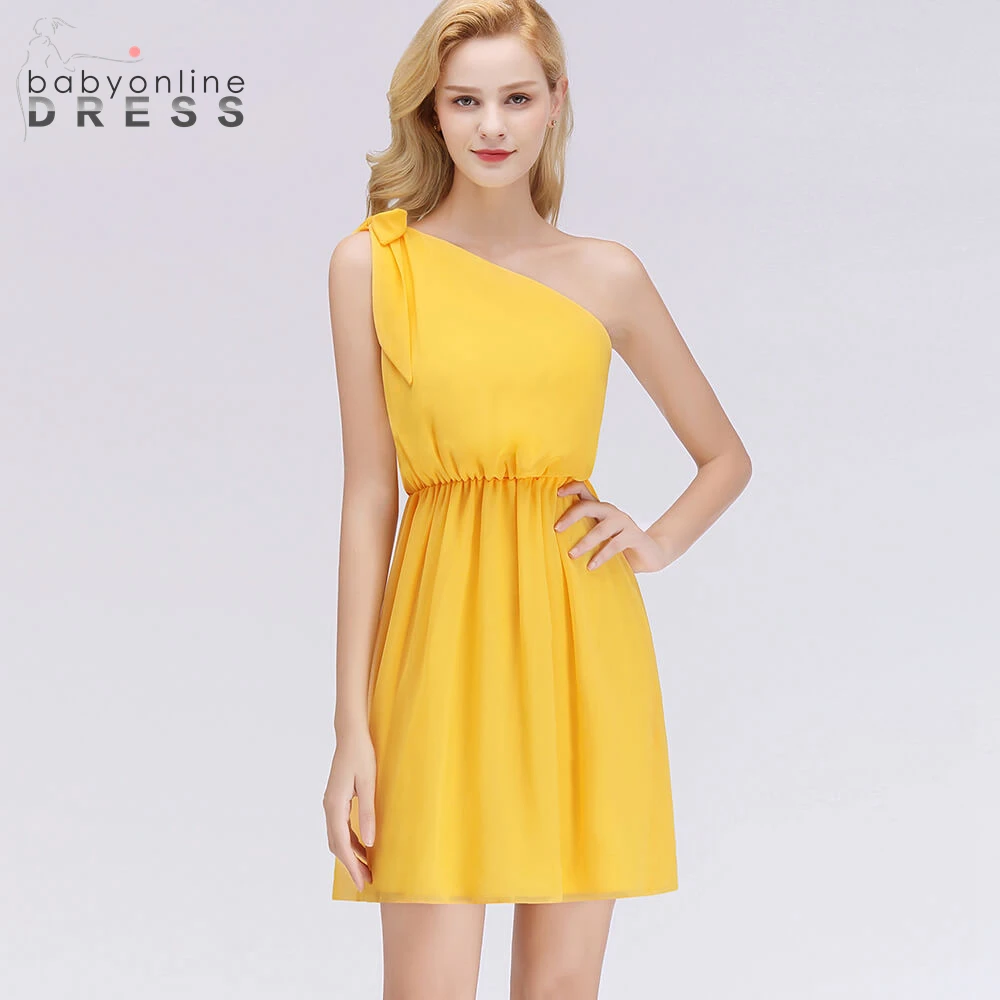 

Babyonline Dress Sleeveless A Line Cocktail Dresses For Party Sexy One Shoulder Knee Length Backless Short Yellow Dress Cocktail