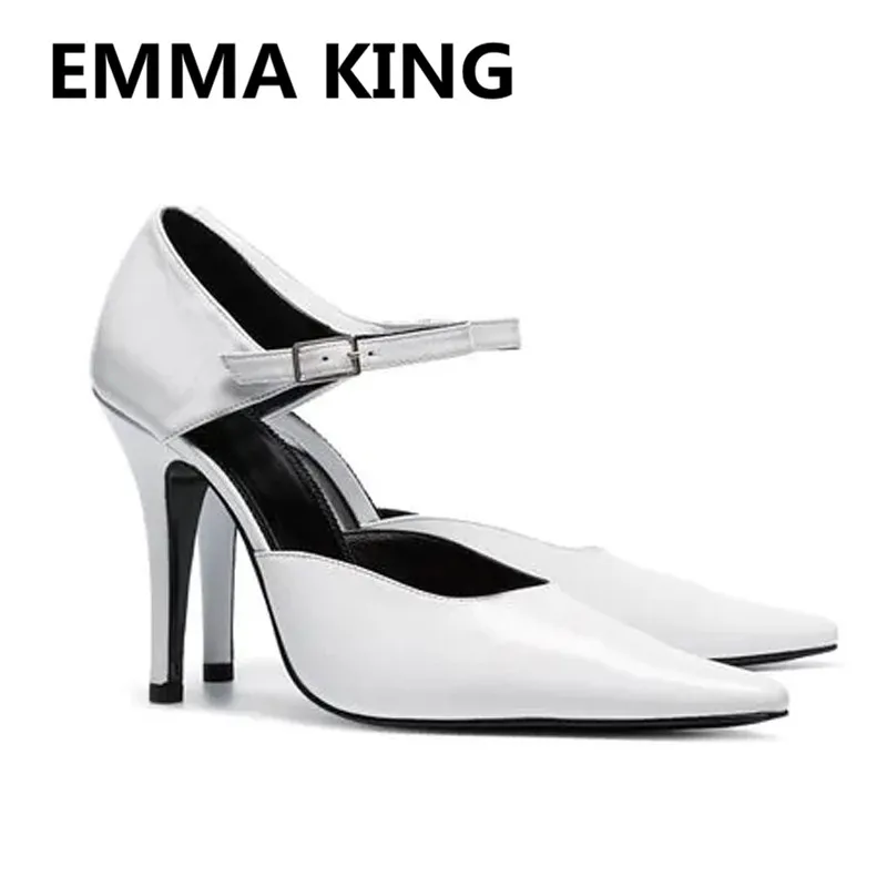 

Spring New White Leather Elegant Women Pumps Pointed Toe Marty Janes Party Shoes Woman Ankle Buckle Strap High Heels Pump Shoes
