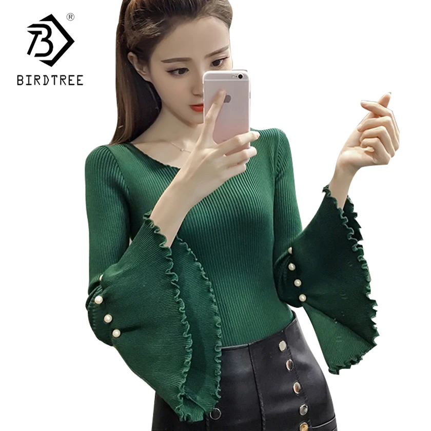 

Women Beading Knitted Sweater 2018 Spring Autumn New Fashion Tops Blouse Slim Flare Sleeves Solid Pullovers Sweaters Hot C81401A