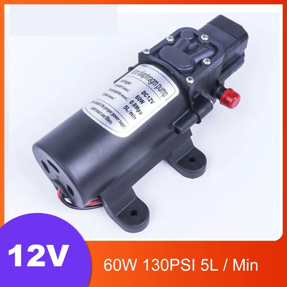

Durable DC 12V 60W 130PSI 5L / Min Electric Mini Water Pump High Pressure Diaphragm Water Sprayer Car Wash Camping Boat