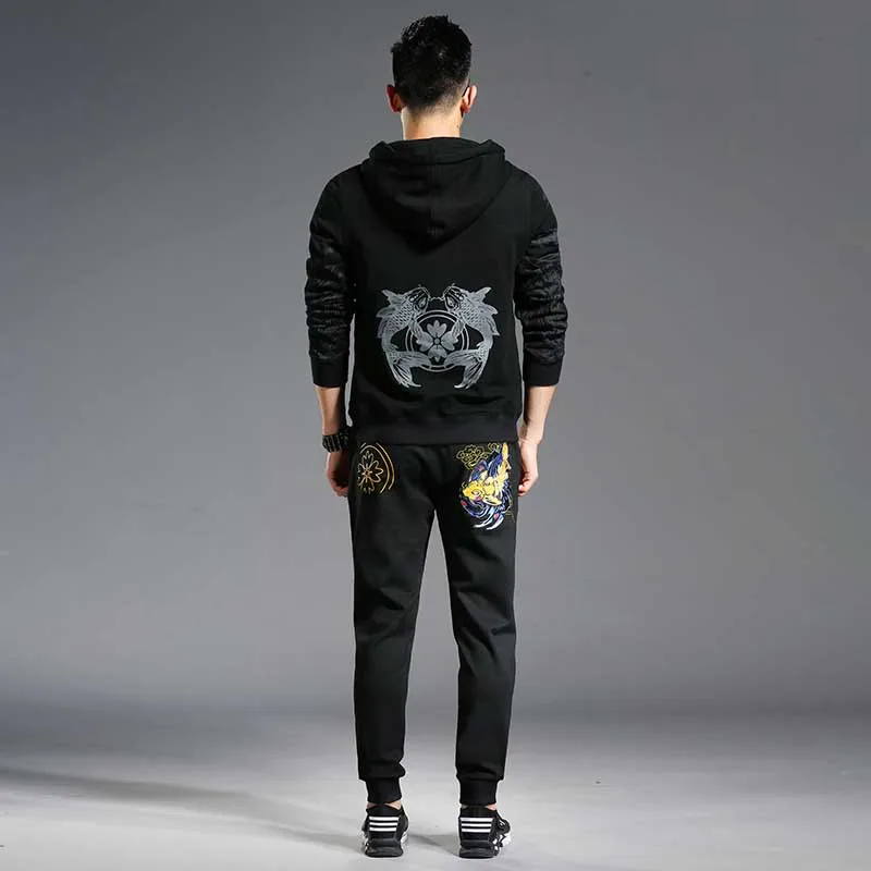 Embroidery Fish Two Piece Tracksuit Men Hooded Sweatshirt Pants Sets Pullover Hip Hop Hoodies with Joggers Pants Black Trousers Embroidery Fish Two Piece Tracksuit Men Hooded Sweatshirt Pants Sets Pullover Hip Hop Hoodies with Joggers Pants Black Trousers