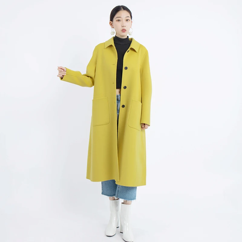 

2019 autumn and winter long coat women wool coats and jackets women korean A-line green and yellow coat