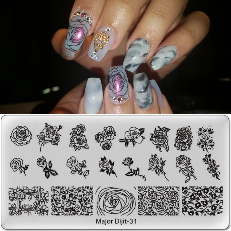 

Major Dijit Nail Stamping Plate Stamp Flower Plate Line Net Design Rectangle Manicure Stamp Template Nail Art Image Plate