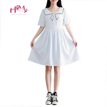 

Summer Japanese Vintage Women White Dress Mori Girl Cute Bow Tie Sailor Collar Teenage School Style Plus Size Black Casual Dress