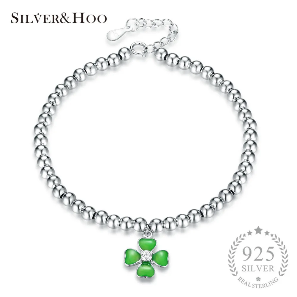 

SILVERHOO Women High Quality Round Beads Bracelets & Bangles with Green Clover Flower Fine Jewelry Gift 925 Sterling Silver