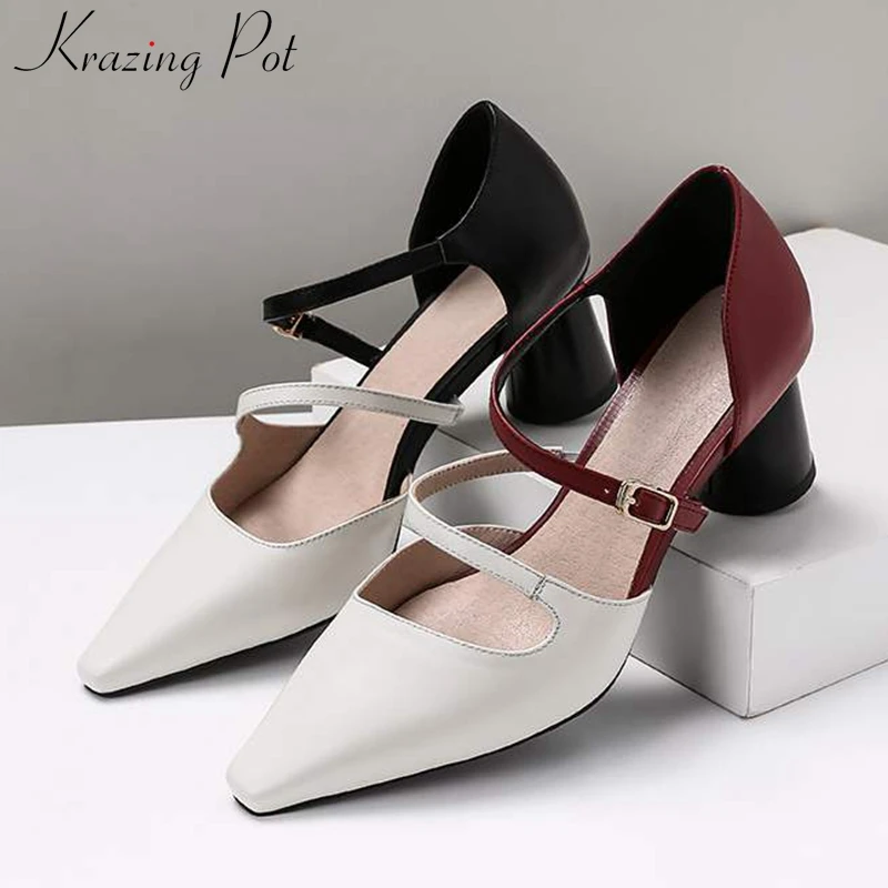 

Krazing Pot summer genuine leather mixed color buckle strap big size 43 slingback round heels square toe preppy style pumps L5f4