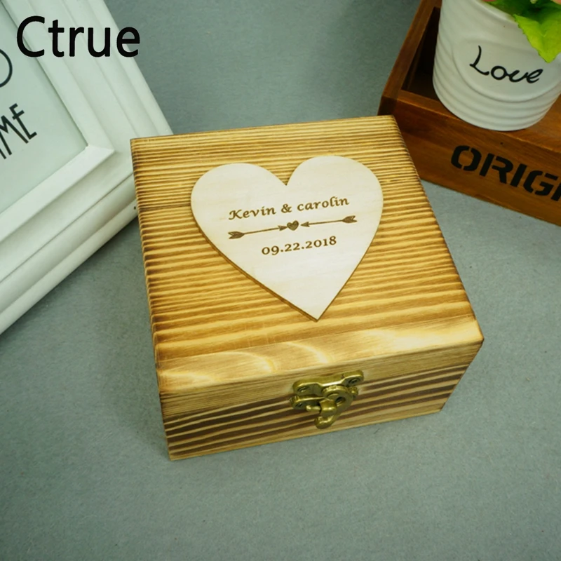 

Personalised Wedding Wooden Ring Box Custom made with the names of your choice Memory box design Tiny heart Names and date