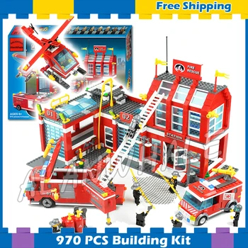 

970pcs New City Fire Station Truck Firefighter Helicopter 911 Large Model Building Blocks Sets Construction Compatible with