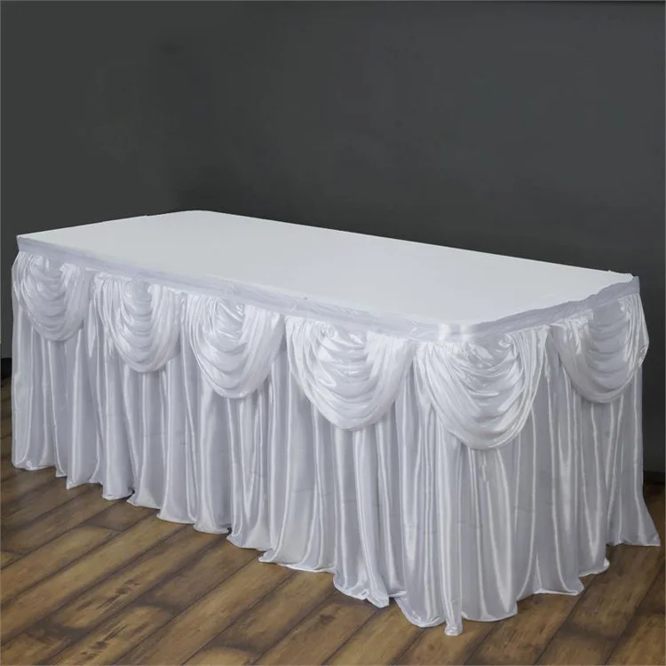 Customized Color 10ft/24ft x 29'' Luxury Ice Silk Fabric Table Skirt Cover With Swag For Wedding