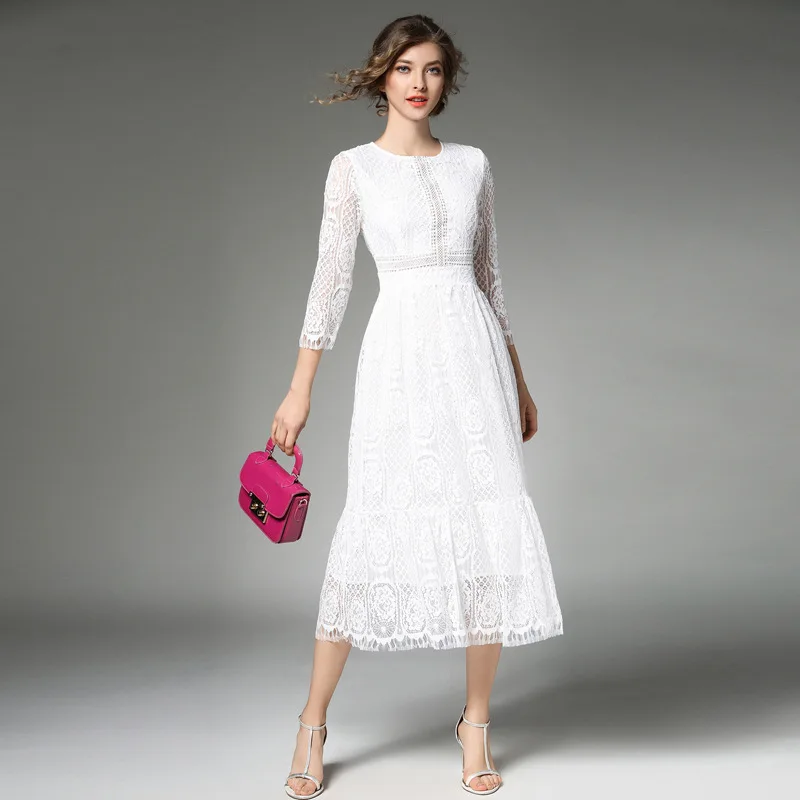 

La MaxZa A-Line Hollow Out Women Dress Three Quarter Sleeve Lace White Dresses Vestidos