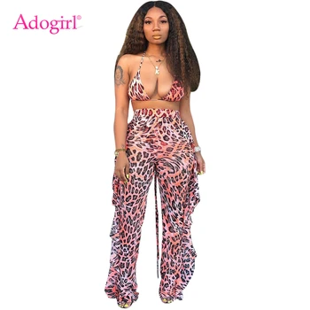 Adogirl Leopard Print Summer Mesh Two Piece Set Halter Bra Top Ruffle Wide Leg Pants with Panties Sexy Beach Outfits Club Suits embroidered mesh ruffle bardot top