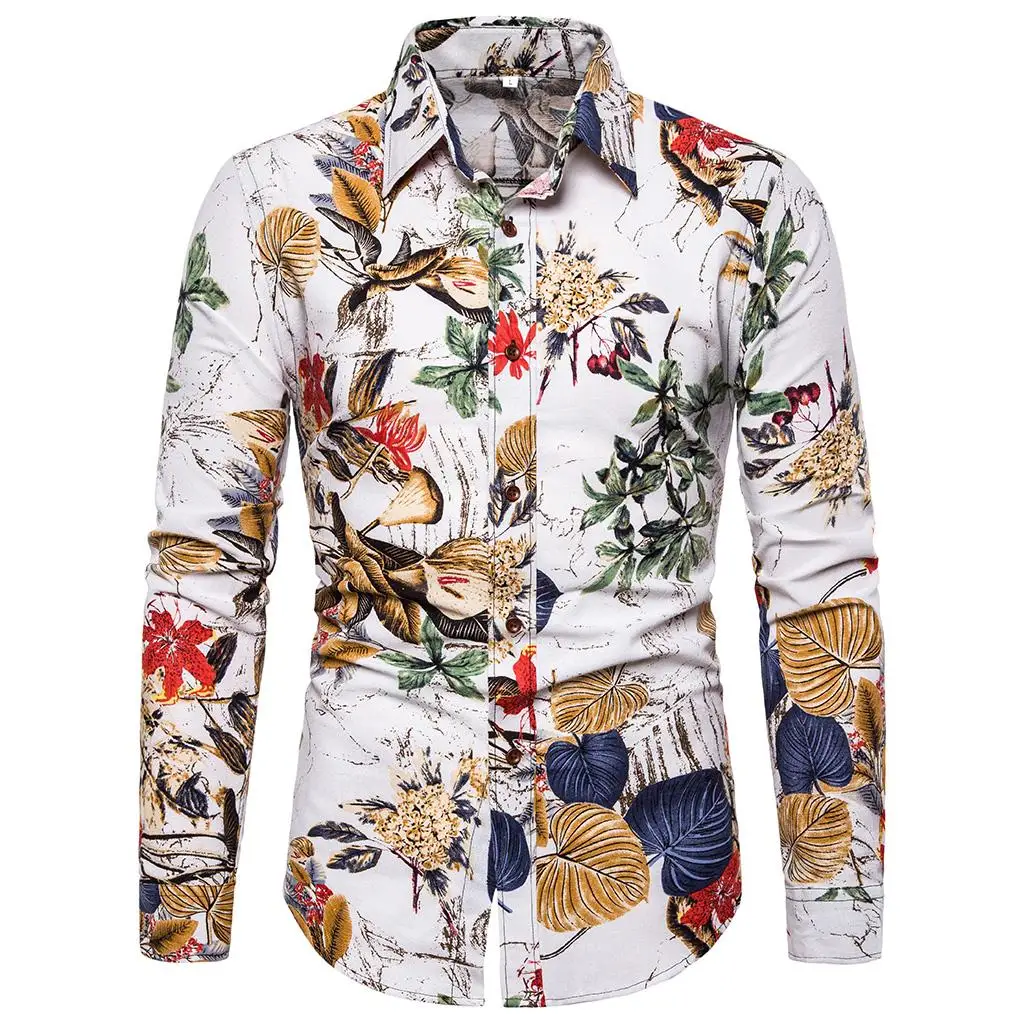 

Flower Men Shirt Fashion personality Print Blouse Men Linen Shirts Men Social Plus Size M-5XL New Arrival
