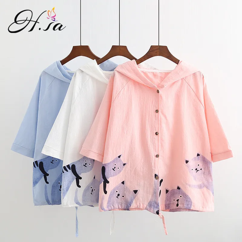 

H.SA 2017 Autumn Blouses Mujer Half Sleeve Loose Hooded Blusas Shirt Single Breasted Casual Tops Shirt Cartoon Sunscreen Blusas