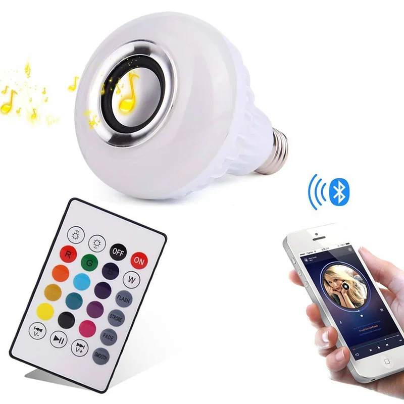 Смарт E27 RGB Bluetooth динамик светодиодный светильник 12 Вт Музыка Воспроизведение затемнения беспроводной светодиодный светильник с 24 клавишами дистанционного управления