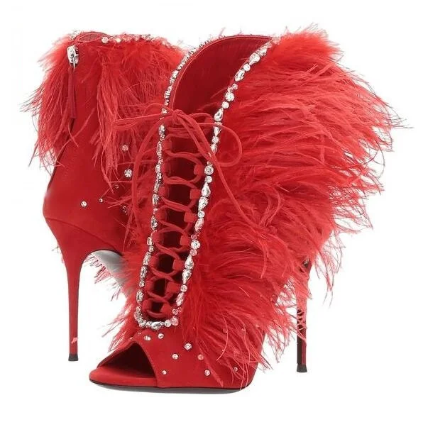 Sexy Red Ankle Boots Peep Toe Lace Tie-up Feather Women High Boots Deep V Style Crystal Embelished Latex Thigh High Boots Sexy Red Ankle Boots Peep Toe Lace Tie-up Feather Women High Boots Deep V Style Crystal Embelished Latex Thigh High Boots
