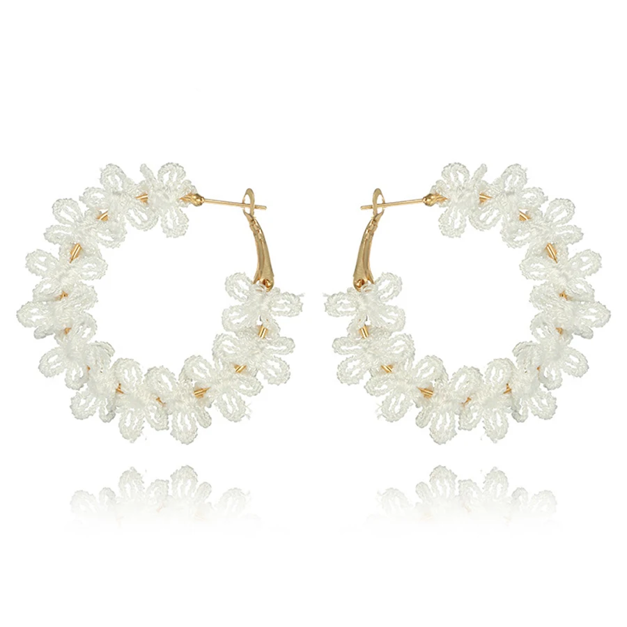 Romantic Lace Flower Hoop Earrings Circle Earring For Women Alloy White