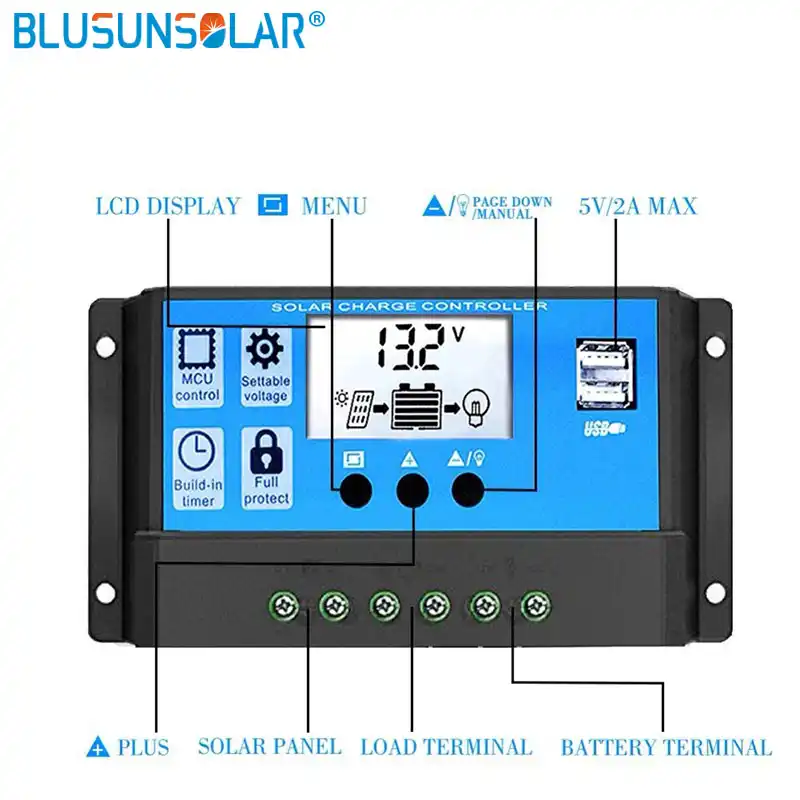 24V Regulador de bater/ía Regulador solar de protecci/ón segura para uso del sistema de panel solar Controlador de carga de panel solar de 20A 12V Negro