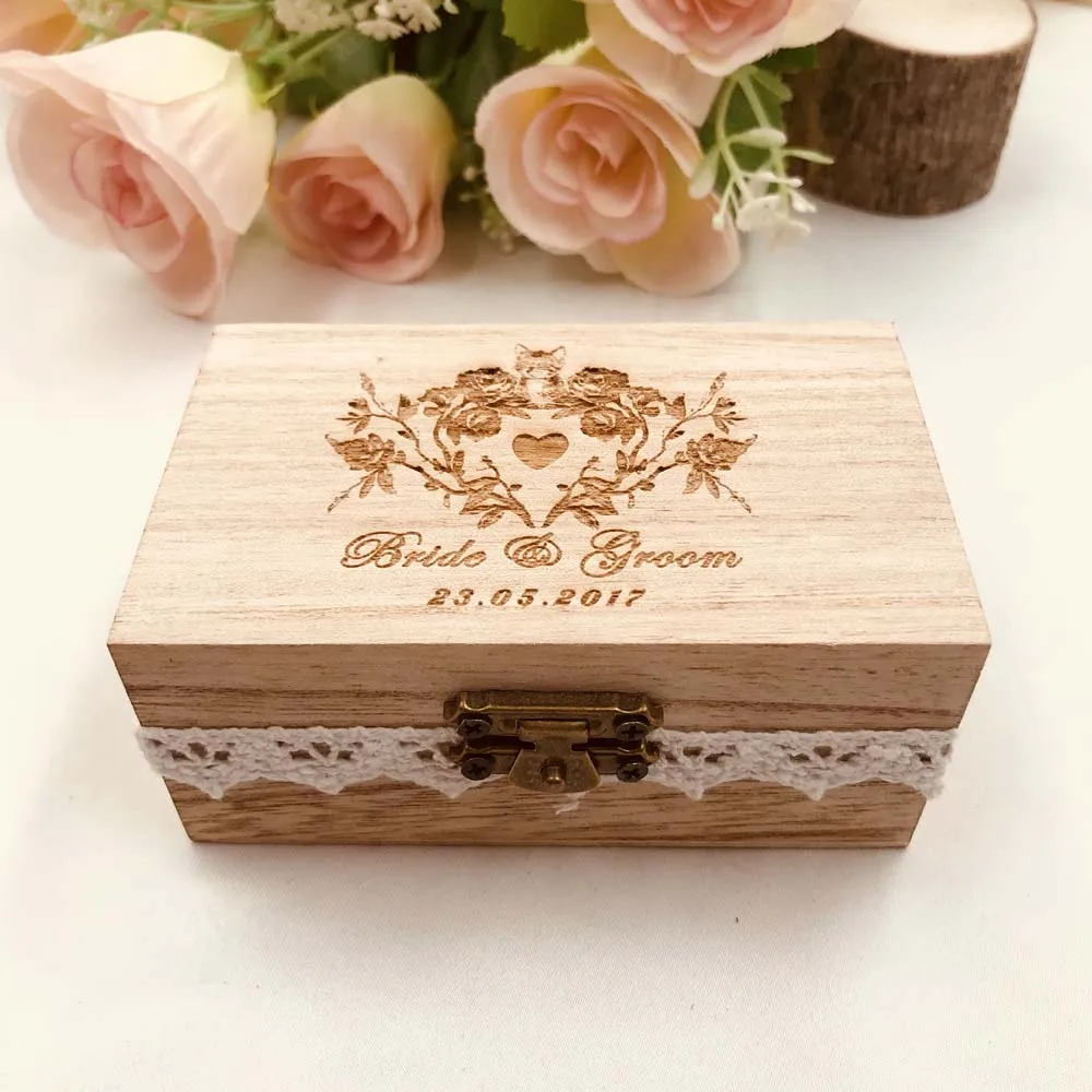 Personalized Wedding Ring Bearer Box, Cat wedding ring box with flower,Wood Custom Engraved Ring Box Wedding Ring Holder Box11