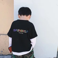Black and white fake two T-shirts for boys and girls spring autumn children cotton long sleeve letters tops