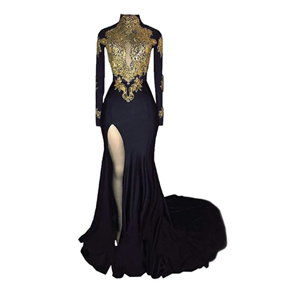 

Women's Evening Dress High Neck Prom Dress Gold Appliques Long Sleeves Split Evening Gowns robe de soiree mermaid Party Dresses