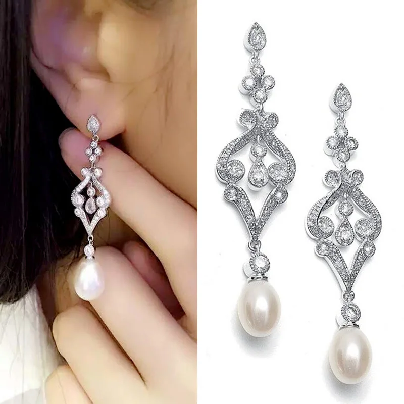 Stunning Vintage Cz Crystals Ivory Pearl Aaa Grade Fashion Cubic Stunning Vintage Cz Crystals Ivory Pearl Aaa Grade Fashion Cubic Zirconia Earring Wedding Dangle Pearls Earrings Bridal In Drop From