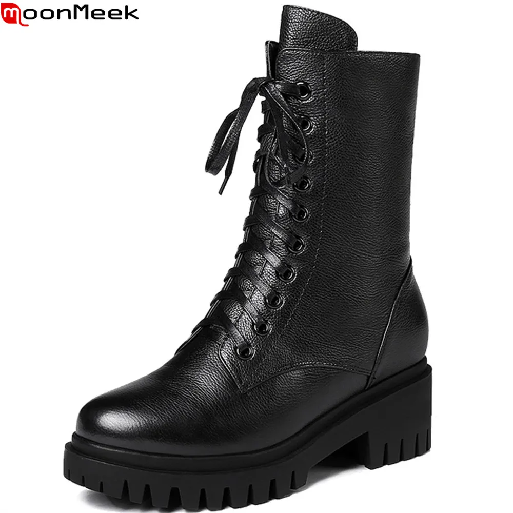 

MoonMeek 2018 fashion women boots black round toe zipper ladies genuine leather boots square heel cow leather ankle boots