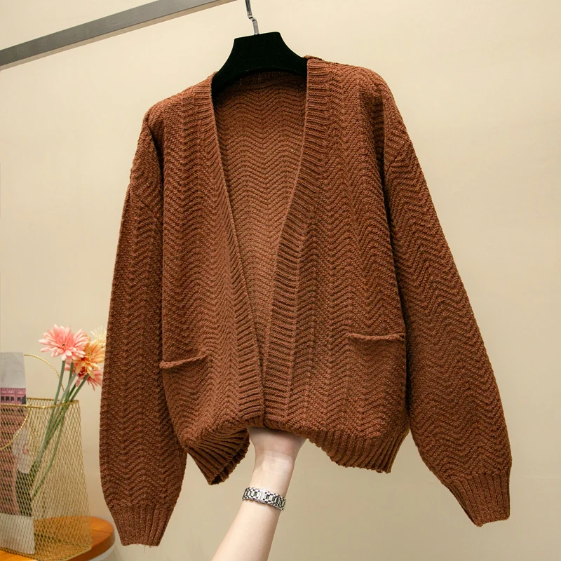 2019 For Girl Casual Knitted Sweater Autumn Korean Women Slim Solid Color Pocket Design Cardigan Khaki White Blue Brown