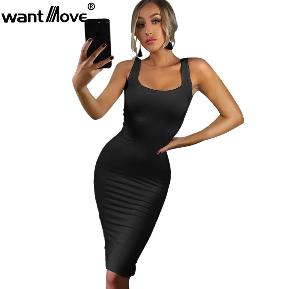 

Wantmove 2018 new fashion women sexy strap dress solid o neck sleeveless club wear sheath dresses slim midi women clothing JZ223