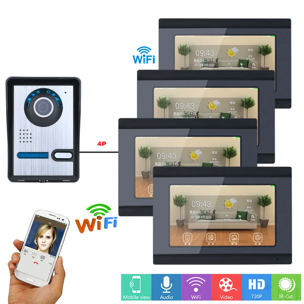 buy 7 inch 4 Monitors Wired Wireless Wifi Video Door Phone Doorbell Intercom System with IR CUT HD 1000TVL Night Vision Remote APP