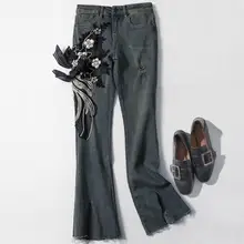 Тяжелая работа цветы вышитые кружева индивидуальность Джинсы женские осень высокая талия обтягивающие расклешенные джинсы