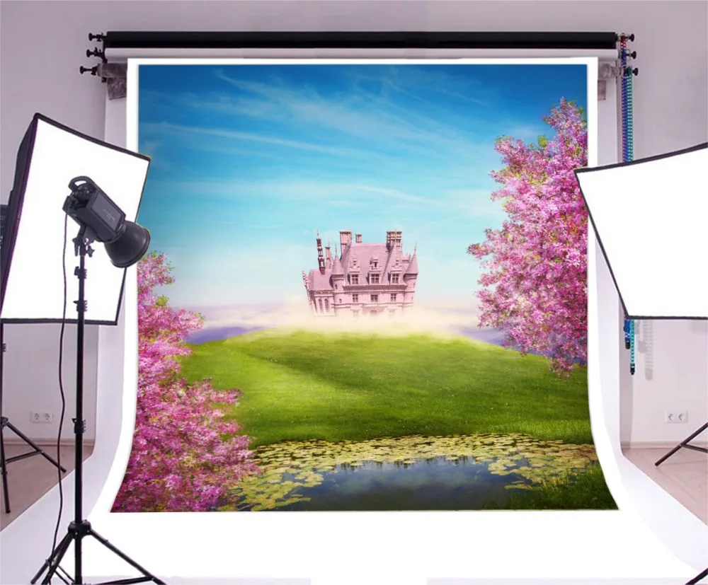 Laeacco Flowers Pond Fantasy Castle Photo Backgrounds Customized Vinyl Digital Photography Backdrops For Photo Studio