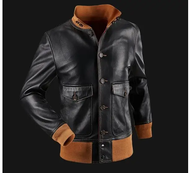 Free shipping,mens classic A1 leather Jacket,vintage genuine sheepskin coat.thin soft black men jackets.flight clothing