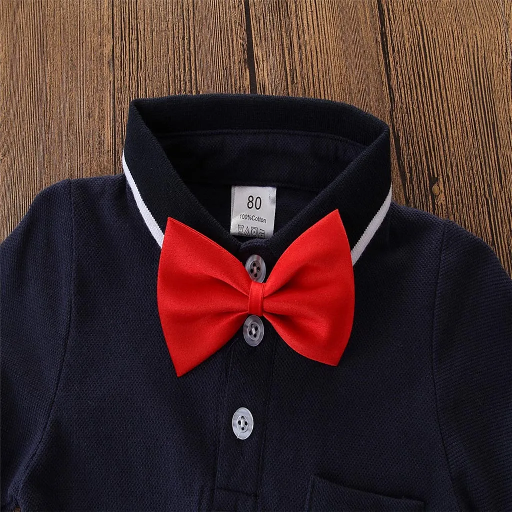 Новые летние модные Дети Комплекты детской одежды для мальчиков с бантиком Рубашка с галстуком+ шорты в джентльменском стиле Вечерние костюм Z4