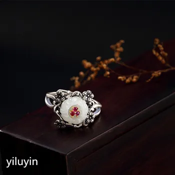 

KJJEAXCMY boutique jewelry S925 pure silver antique mosaic and Tian Yu White Jade Rose Lady opening Silver Ring