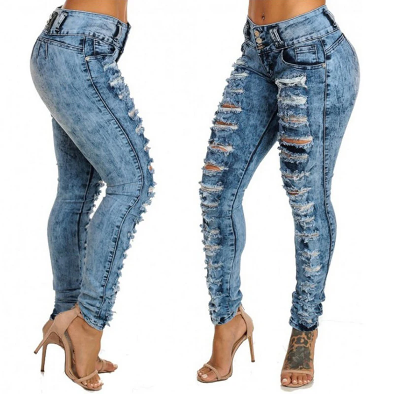 2019 new fashion casual commute hole high waist small feet buttonhole jeans women's clothing C0802