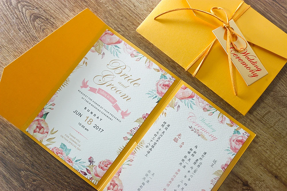  Golden Wedding Invitations Envelope with Custom Wording Invite Cards Golden Pocket Invitation Cards - 32847544841