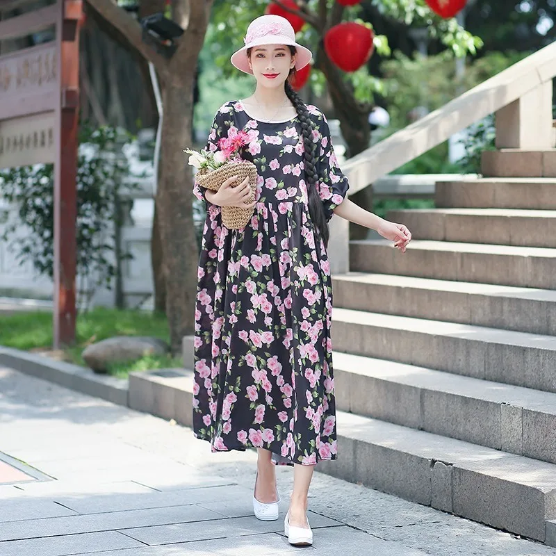 

New Floral Print Loose Dress Spring Summer Women O-neck Short Sleeve Chiffon Party Dresses Vestidos