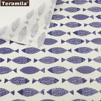 

TERAMILA Home Textile Cotton Linen Fabric Sewing Material Tissu Tablecloth Pillow Bag Curtain Cushion Pillow Zakka Fish Print CM