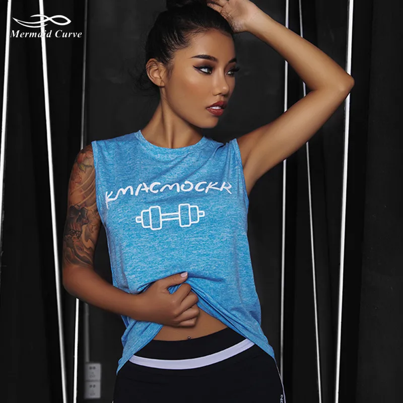 

Mermaid Curve O-neck Sleeveless Yoga Vest Gym Tank Top Dumbbell Printed Loose Female Fitness Tank top Women Summer Running vest