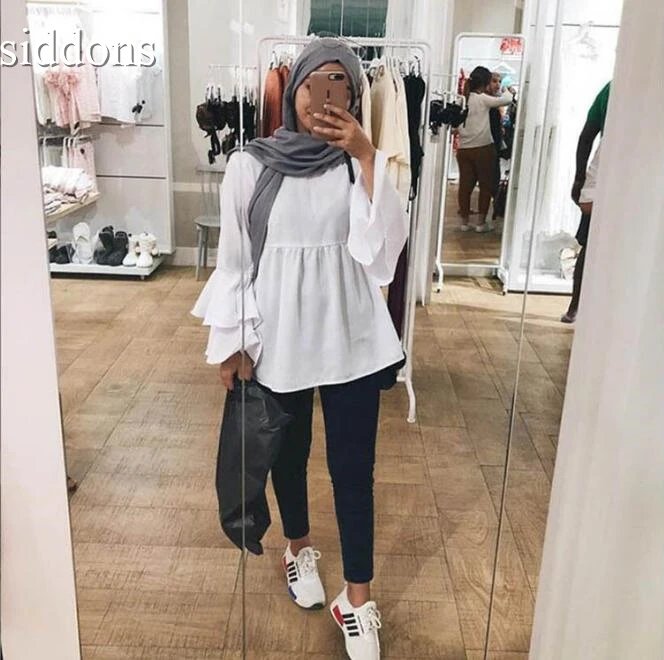 

Muslim T-shirt 2019 new hot cotton Muslim woman T-shirt fashion solid color ruffled comfortable t-shirt a260