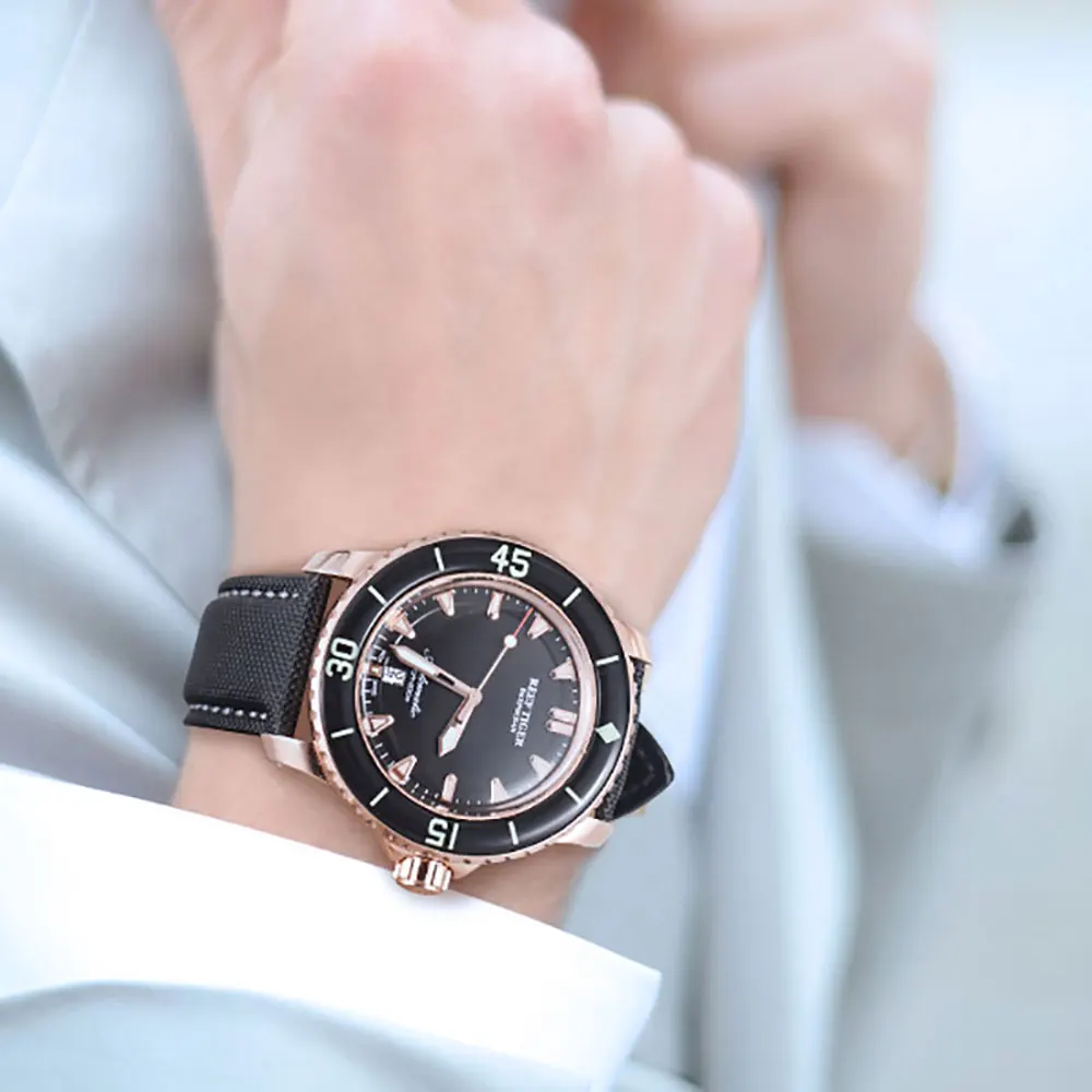 Риф Тигр/RT мужские часы для дайвинга с датой супер розовое золото светящиеся автоматические часы нейлоновый ремешок RGA3035