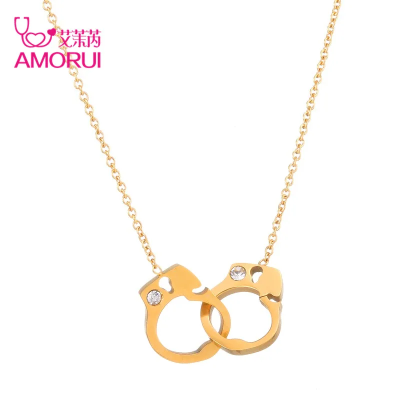 AMORUI Trendy Crystal Handcuff Round Women Rose Gold Silver Pendant Chain Necklace Stainless Steel Statement Women Choker